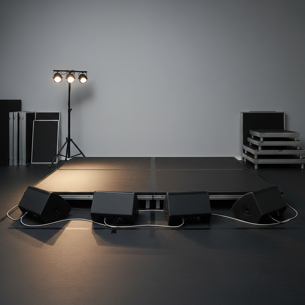 A clean, photographic realism shot of a small rehearsal stage area prepared by a professional crew, featuring a perfectly centered black stage platform with neatly placed wedge monitor enclosures, cable runs fastened with black tape in immaculate straight lines, and a compact lighting tree at stage left. The surrounding area is tidy, with stacked modular stage risers and folded black acoustic panels against a matte grey wall. Soft, warm white stage lighting washes the platform, creating gentle gradients and subtle shadows under each element. Captured at eye level with a balanced, symmetrical composition and moderate depth of field, the mood is calm, ready, and professional, highlighting the behind-the-scenes precision that supports all areas of the arts without showing any people.