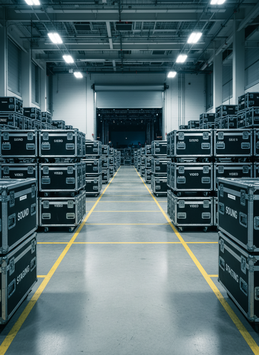 A wide, photographic realism scene of a backstage loading bay at a performance venue, filled with precisely stacked black flight cases, labeled with bold white stencils for sound, light, and staging. Bright yellow safety lines are painted on the smooth concrete floor, leading toward an open dock door where the faint outline of a stage structure is visible in the distance. Cool, even overhead industrial lighting creates clear visibility with gentle, elongated shadows behind the equipment. The composition is framed with a strong sense of depth, using leading lines from the cases and dock edges to draw the eye inward. The atmosphere is efficient, orderly, and trustworthy, capturing the scale and organization of professional event crewing without any people visible.