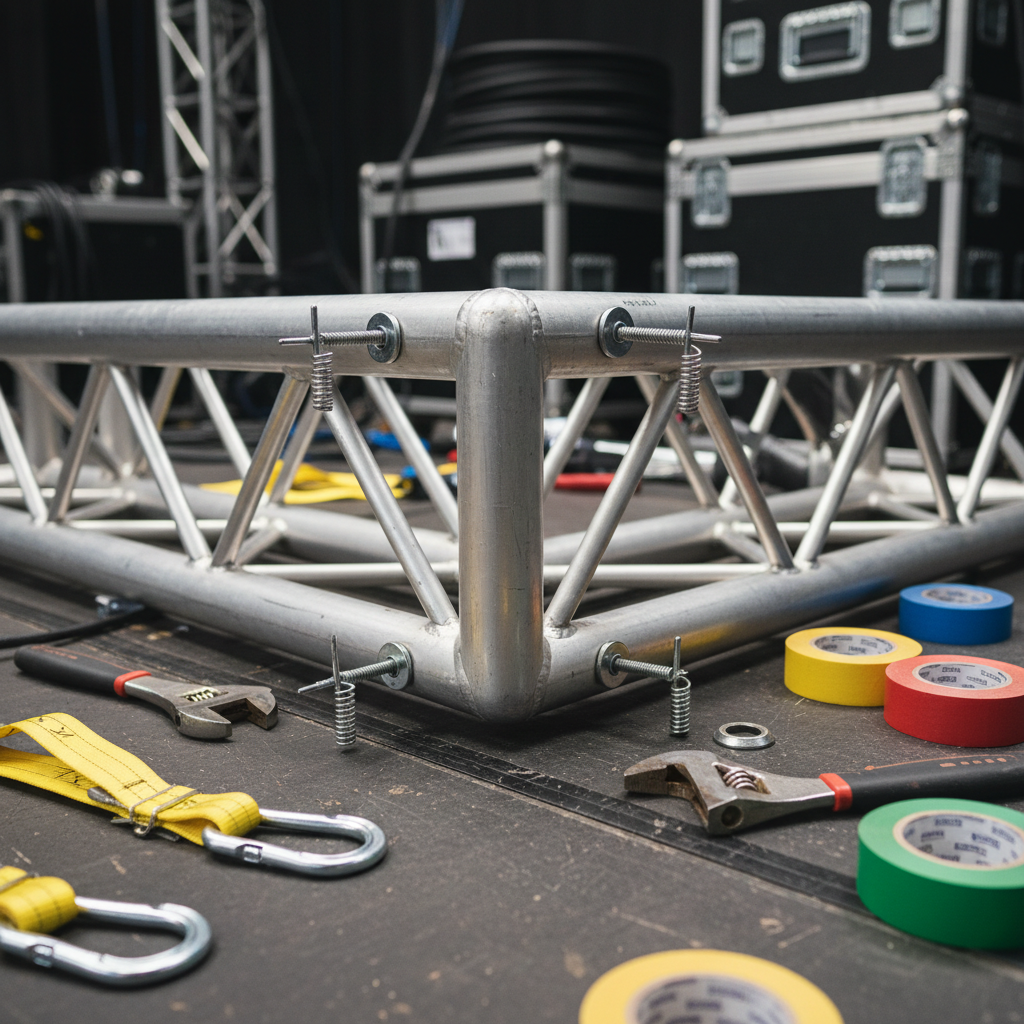 A close-up photographic view of a heavy-duty steel truss corner, perfectly assembled and locked with polished silver couplers and safety pins, lying on a dark anti-slip stage deck. Around it, neatly arranged tools—an adjustable wrench, safety lanyards, and color-coded tape—rest in deliberate positions, suggesting careful planning. Overhead work lights cast a clean, neutral glow, creating subtle highlights along the brushed metal and soft, directional shadows that add depth. The background falls into a gentle bokeh of stacked flight cases and neatly rolled black cables. Shot at a low, three-quarter angle with a shallow depth of field, the mood is confidently professional and technical, emphasizing craftsmanship and attention to detail in event crewing work.