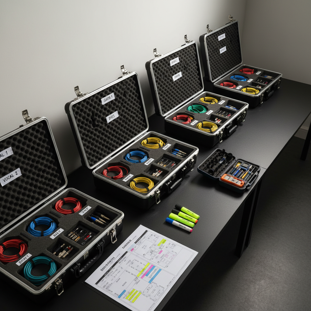 A meticulously lit, photographic realism image of a control area for a live arts event, featuring a row of sleek black flight cases opened to reveal neatly coiled cables, color-coded adapters, and clearly labeled wireless receivers. In the foreground, a detailed laminated show plan and a set of bright highlighters rest on a matte-black tabletop beside a compact digital toolbox. Soft, focused overhead lighting creates a calm, neutral glow, with subtle reflections on metal hardware and crisp shadows that define each object. Shot from a slightly elevated angle with rule-of-thirds composition, the scene feels organized, intelligent, and prepared, conveying the planning and multi-skilled expertise behind flawless event execution, all without any human presence.