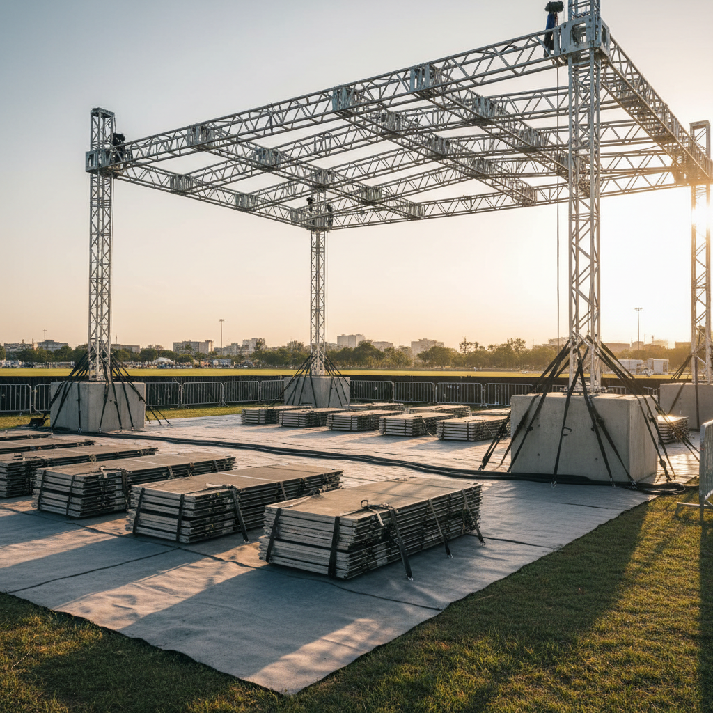 A detailed photographic realism image of an outdoor event setup in progress, focusing solely on infrastructure: a partially built aluminum stage roof on tall truss towers, ballast blocks with tightly ratcheted straps, and stacks of folded stage decks aligned on a grassy field protected by gray ground protection mats. The late afternoon golden hour light casts warm highlights along the metal truss and long, soft shadows across the mats, adding depth and dimension. In the background, safety fencing, cable ramps, and a distant skyline blur gently. Shot from a low, wide-angle perspective, the composition emphasizes scale, structure, and meticulous organization. The mood is industrious yet controlled, showcasing the capability and trustworthiness of an event crewing company without a single person visible.